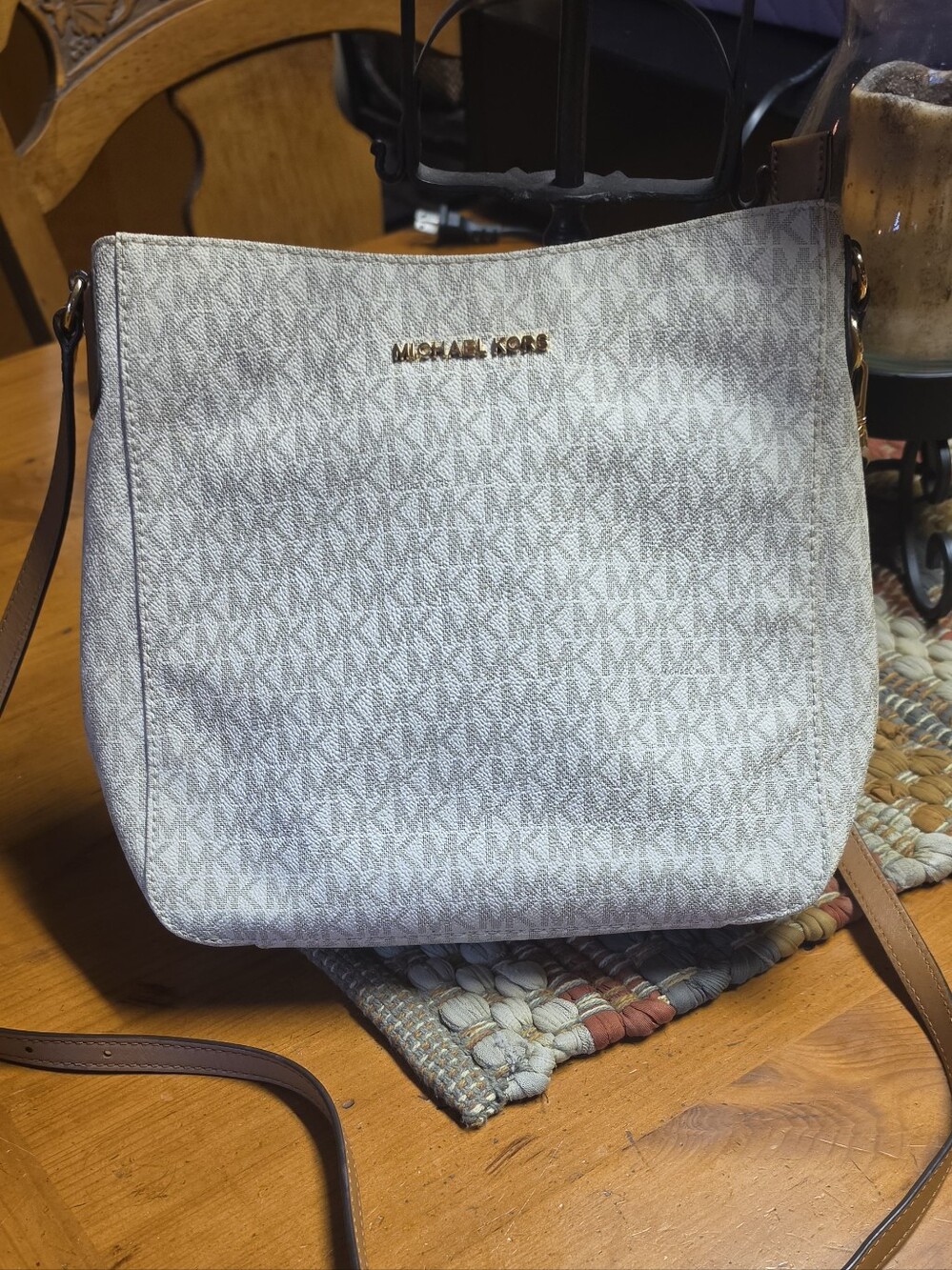 Michael Kors Bucket Beige Monogram Crossbody Bag